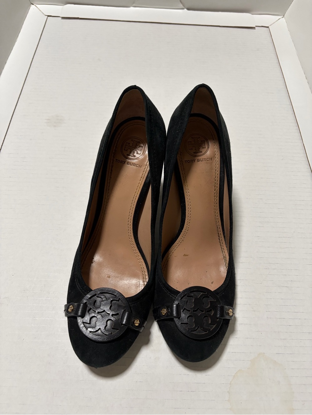 Tory Burch Black Suede Logo Round-Toe Pumps with Medallion